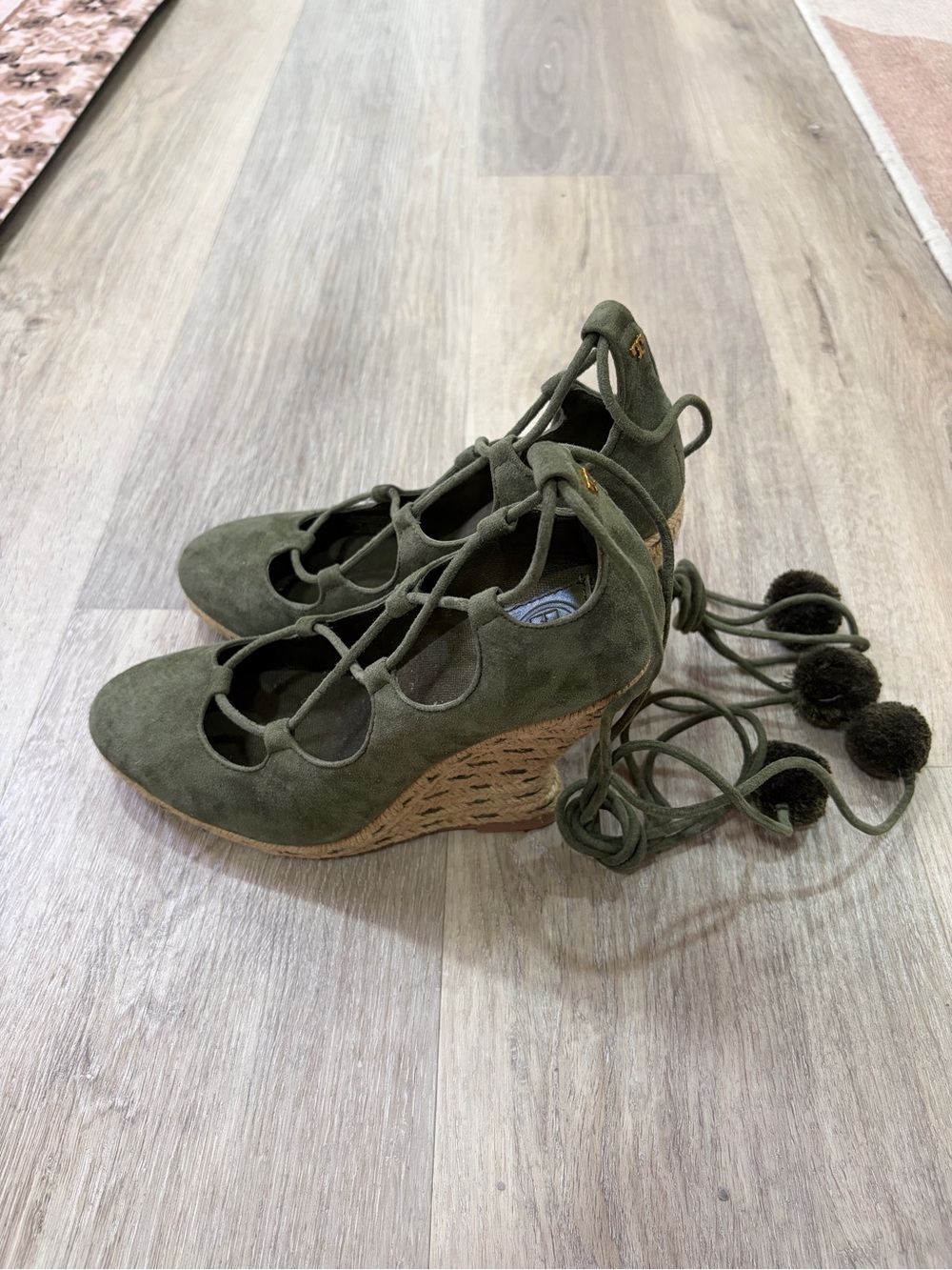 Tory Burch Heather Olive Suede Lace-Up Wedge Espadrilles